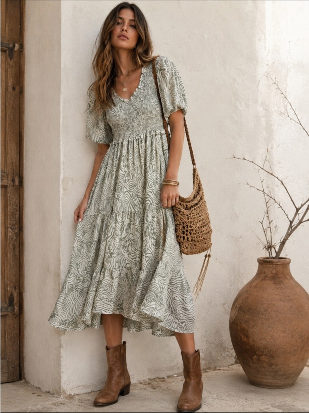 Anthropologie Moon River Smocked V-Neck Midi Dress in Sage Swirl Print Size M